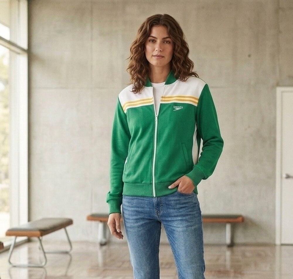 Vintage 80s SPEEDO Track Jacket Womens Large Green White Yellow Stripes Full Zip